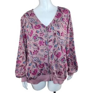 The Muses Lounge French Terry Zip-Front Full Zip Jacket Mauve Floral‎ X-Large